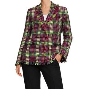 ESCADA Sport Multicolor Tweed Jacket Fringe Trim Plaid Blazer Designer EU40/US8